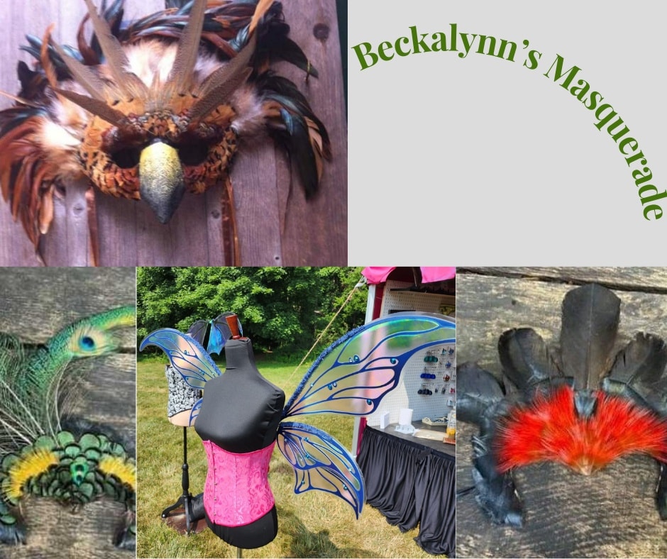 Collage of handcrafted masks and costume pieces