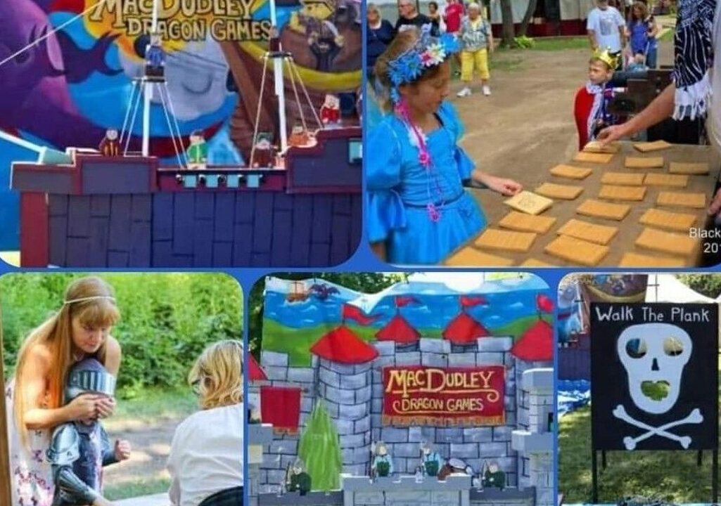 MacDudley Dragon Games collage showing Castle Siege, memory matching with First Mate Sassafras, MacDudley Quackers with blindfolded children, and Walk The Plank setup